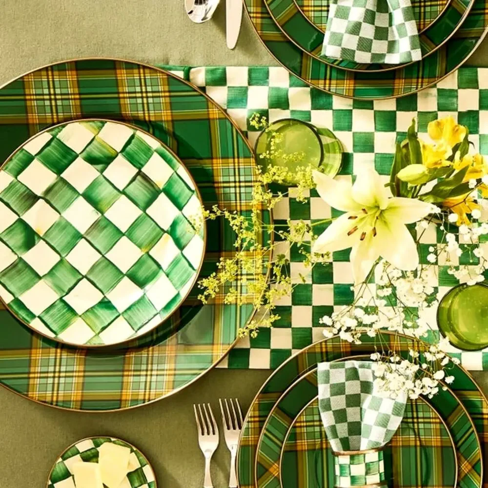 Mackenzie Childs Tartan Green Serving Platter 16in Christmas Holiday NEW